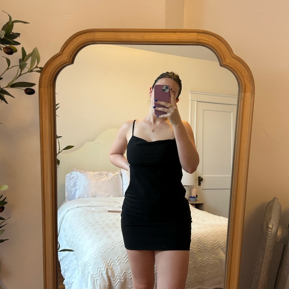 BOUTIQUE BLACK MINI DRESS WITH COWL NECK!